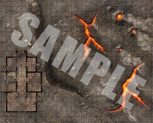 Pathfinder Flip-Mat: Wasteland PDF sample image shows a map of a section of a city that’s collapsed into a smoking sinkhole, with a building perched at the edge of the hole overlooking a pit with smoking lava pits and cracks in the ground.