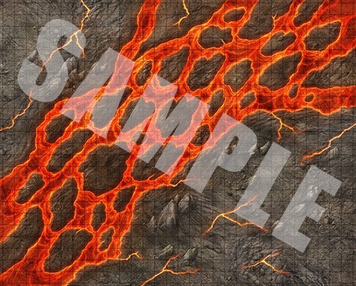 Pathfinder Flip-Mat: Wasteland PDF sample image shows a map of a river of lava flowing through a region of blasted rocky wasteland.