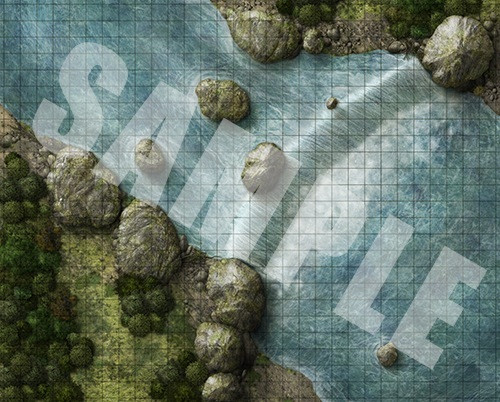 Pathfinder Flip-Mat: Falls & Rapids sample image shows a map of a river waterfall flowing past several large boulders on the river’s banks.
