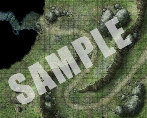 Pathfinder Flip-Mat: Hill Country PDF sample image shows a map of a switchback path that curves up along the contours of a hillside toward a cave entrance.