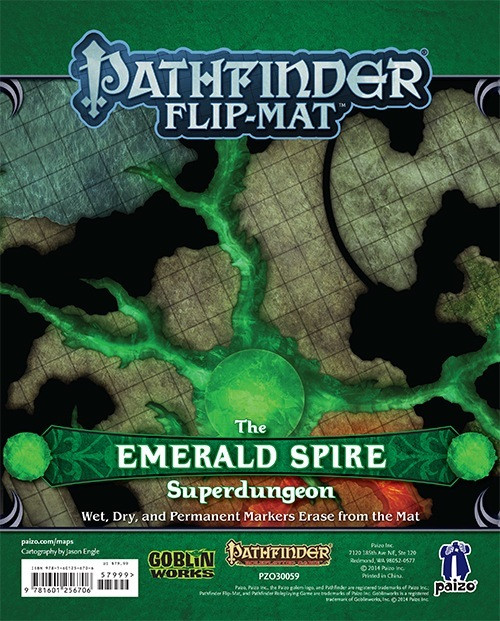 Pathfinder Flip-Mat: The Emerald Spire Flip-Mat Mega-Pack product image shows a section of a cave in which a strange green pillar has sent creeping lengths of green crystal branches out into the surrounding chambers; wet, dry, and permanent markers erase from the mat.