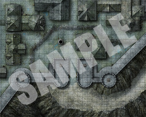 Pathfinder Flip-Mat: City Gates PDF sample image shows a map of a city wall and gate located between a city neighborhood and a path leading up a steep hillside.