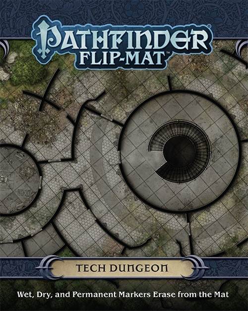 Pathfinder Flip-Mat: Tech Dungeon product image shows a section of a strange underground complex of circular rooms and curving halls with a weirdly futuristic look; wet, dry, and permanent markers erase from the mat.