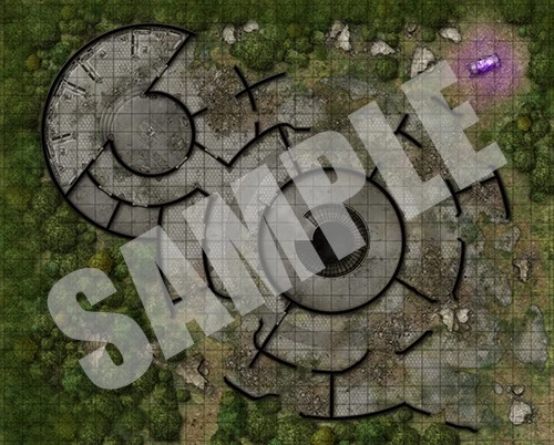 Pathfinder Flip-Mat: Tech Dungeon sample image shows a map of a weird ruin of two circular structures with strange futuristic architecture.