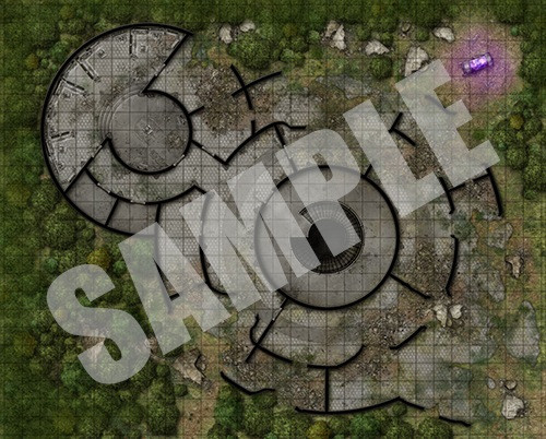 Pathfinder Flip-Mat: Tech Dungeon PDF sample image shows a map of a weird ruin of two circular structures with strange futuristic architecture.