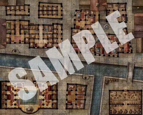 Pathfinder Flip-Mat: Red Light District PDF sample image shows a map of a city section of several densely-packed buildings with many rooms within standing along the edges of a water-filled canal.