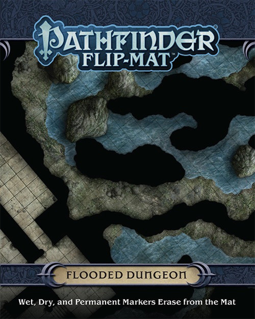 Pathfinder Flip-Mat: Flooded Dungeon PDF cover depicts caves partially submerged in water; Wet, Dry, and Permanent Markers Erase from the Mat