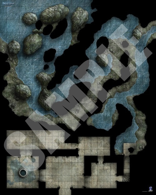 Pathfinder Flip-Mat: Flooded Dungeon PDF map of caves partially submerged in water connected to water-themed temple