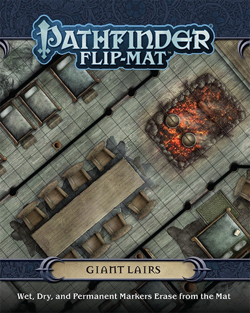 Pathfinder Flip-Mat: Giant Lairs cover depicts inside of a building proportioned for giants, including a dining area and bedrooms with large furniture; Wet, Dry, and Permanent Markers Erase from the Mat