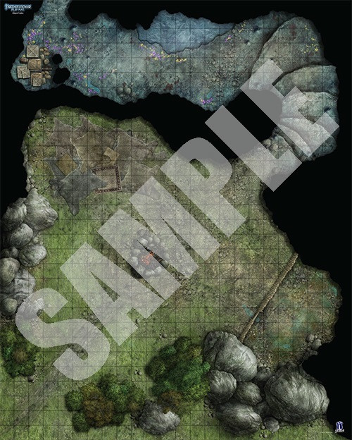 Pathfinder Flip-Mat: Giant Lairs sample map of a cave with a large campfire, rocks, and steps leading into a smaller cavern with a pool of water