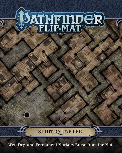 Pathfinder Flip-Mat: Slum Quarter cover depicts various buildings separated by tight streets; Wet, Dry, and Permanent Markers Erase from the Mat