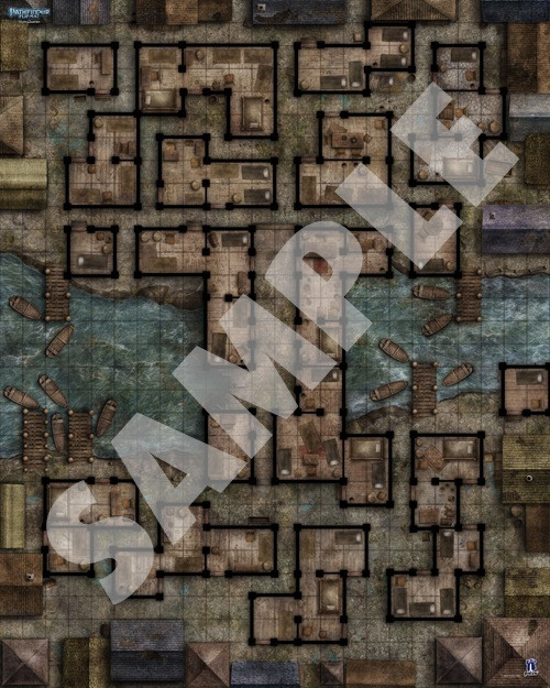 Pathfinder Flip-Mat: Slum Quarter sample map of buildings, separated by narrow streets, that borders both sides of a narrow body of water with docks and small boats
