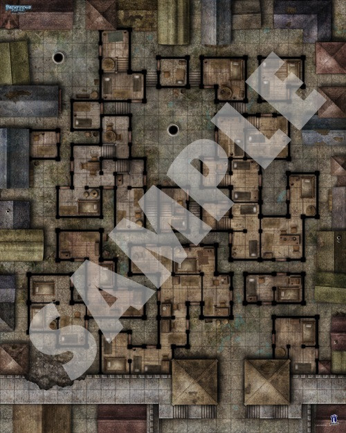 Pathfinder Flip-Mat: Slum Quarter PDF sample map of buildings separated by tight streets bordering a city's walls