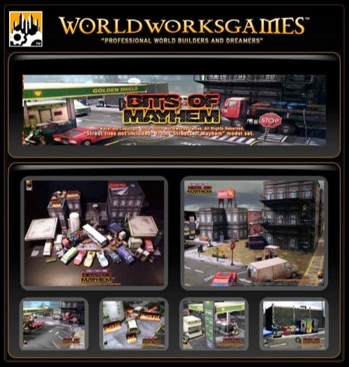 Bits of Mayhem PDF by Worldworks Games, featuring a black background with gold and white text, showcasing game pieces, building components, and city street scenes in a  tabletop role-playing game designed for professional world builders.