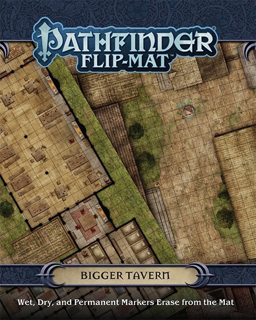 Pathfinder Flip-Mat: Bigger Tavern PDF cover depicts a map of the inside of a tavern juxtaposed with a map of buildings at a roadside way station; Wet, Dry, and Permanent Markers Erase from the Mat