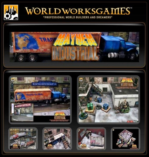 Mayhem Industrial PDF by World Works Games, a blue and orange semi-truck dominates industrial truck and warehouse scenes in a collage, with industrial settings and buildings.