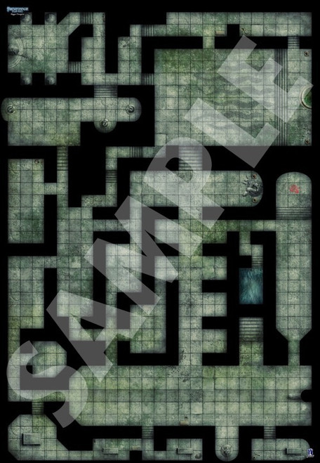 Pathfinder Flip-Mat: Bigger Dungeon PDF sample map of stone rooms connected by hallways with moss-covered floors