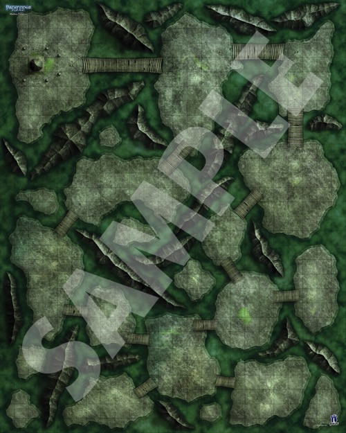 Pathfinder Flip-Mat: Mythos Dungeon sample map of ruins with jagged stone platforms connected by wooden bridges