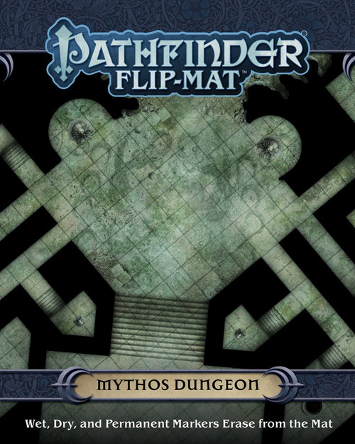 Pathfinder Flip-Mat: Mythos Dungeon PDF cover depicts a large room in a vault connected to various hallways; Wet, Dry, and Permanent Markers Erase from the Mat