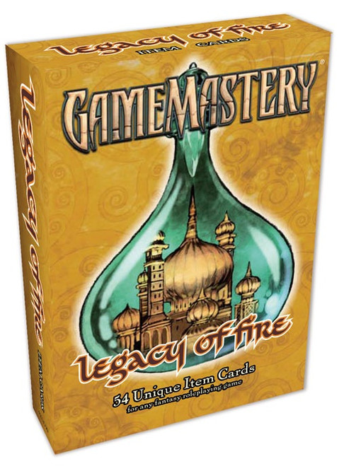 Pathfinder Item Cards: Legacy of Fire product image has a cover image featuring a domed temple with minarets trapped in a curvy bottle.