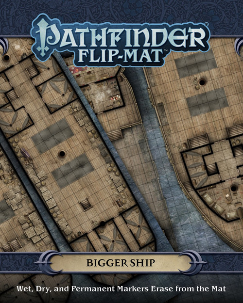 Pathfinder Flip-Mat: Bigger Ship cover depicts two maps of the different decks of a large galleon juxtaposed to each other; Wet, Dry, and Permanent Markers Erase from the Mat