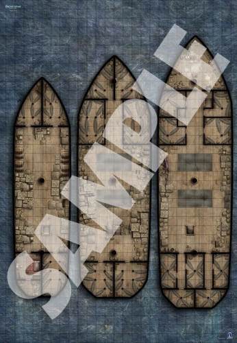 Pathfinder Flip-Mat: Bigger Ship PDF sample map of three decks of a galleon that serve primarily as storage
