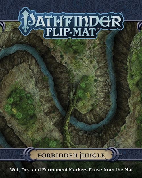 Pathfinder Flip-Mat: Forbidden Jungle cover depicts a river canyon in a jungle with a fallen tree acting as a bridge; Wet, Dry, and Permanent Markers Erase from the Mat