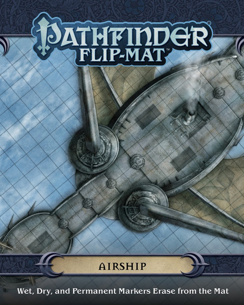 Pathfinder Flip-Mat: Airship cover depicts a map of a dragon skyship with wings and tail; Wet, Dry, and Permanent Markers Erase from the Mat