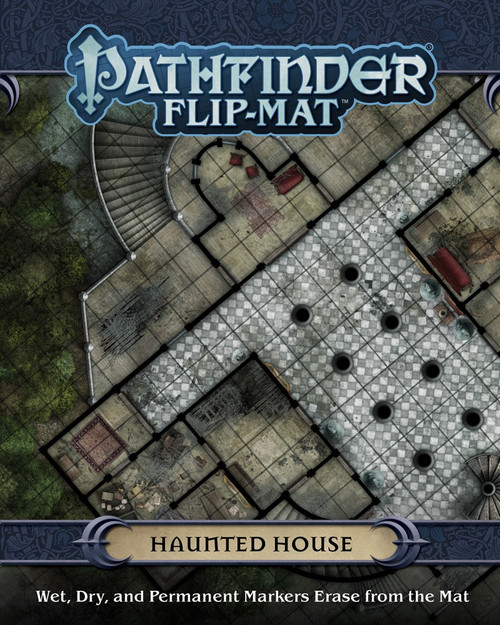 Pathfinder Flip-Mat: Haunted House PDF cover depicts an abandoned mansion's crumbling ground floor; Wet, Dry, and Permanent Markers Erase from the Mat
