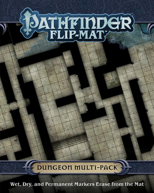 Pathfinder Flip-Mat: Dungeon Multi-Pack PDF cover depicts juxtaposed maps of different dungeon levels; Wet, Dry, and Permanent Markers Erase from the Mat
