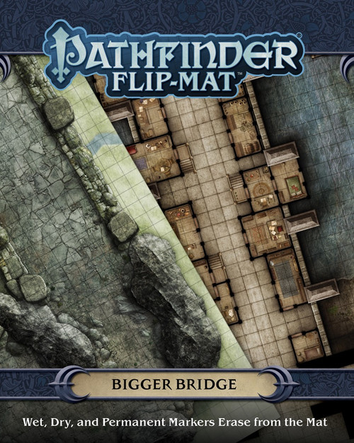 Pathfinder Flip-Mat: Bigger Bridge cover depicts two juxtaposed maps of a stony bridge and a city bridge; Wet, Dry, and Permanent Markers Erase from the Mat