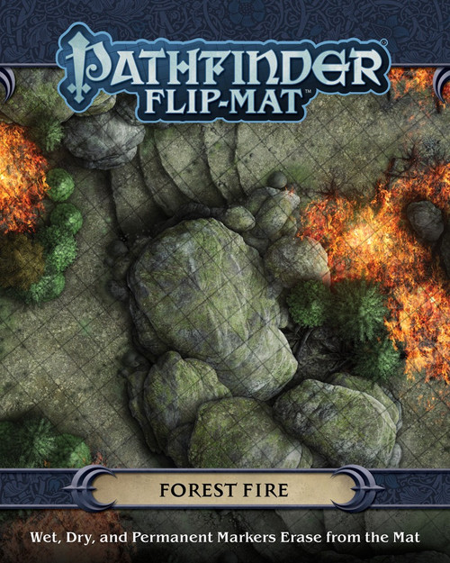 Pathfinder Flip-Mat: Forest Fire cover depicts flames roiling over a forested highland; Wet, Dry, and Permanent Markers Erase from the Mat