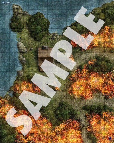 Pathfinder Flip-Mat: Forest Fire sample map of flames engulfing the woods around a lakeside settlement