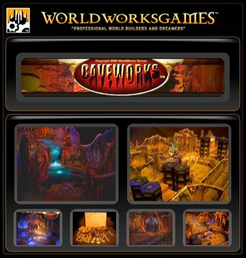 CaveWorks PDF digital product by WorldWorksGames, a 2D PDF model, featuring scenes and a logo, showcasing caverns, tunnels, and rocky formations.