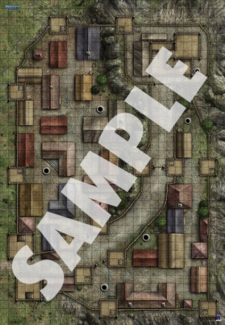 Pathfinder Flip-Mat: Bigger Village PDF sample map of a village in the hill country with one main road and neighborhoods on either side