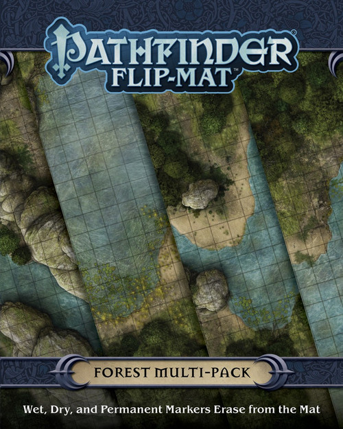 Pathfinder Flip-Mat: Forest Multi-Pack PDF cover depicts four juxtaposed maps of forests bordering different bodies of water; Wet, Dry, and Permanent Markers Erase from the Mat