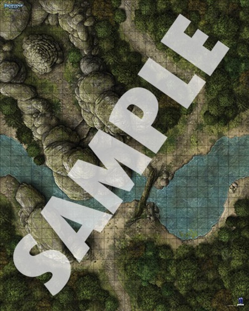 Pathfinder Flip-Mat: Forest Multi-Pack PDF sample map of a forested rocky highland bordering a winding brook with a fallen tree as a bridge