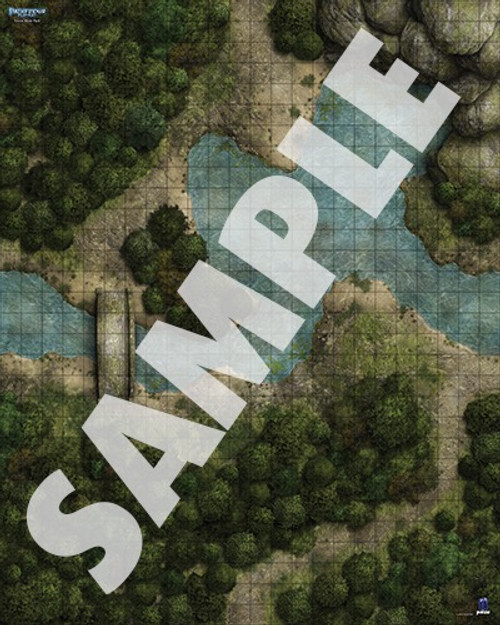 Pathfinder Flip-Mat: Forest Multi-Pack PDF sample map of a rocky highland with forests on either side of a meandering brook connected by a stone bridge