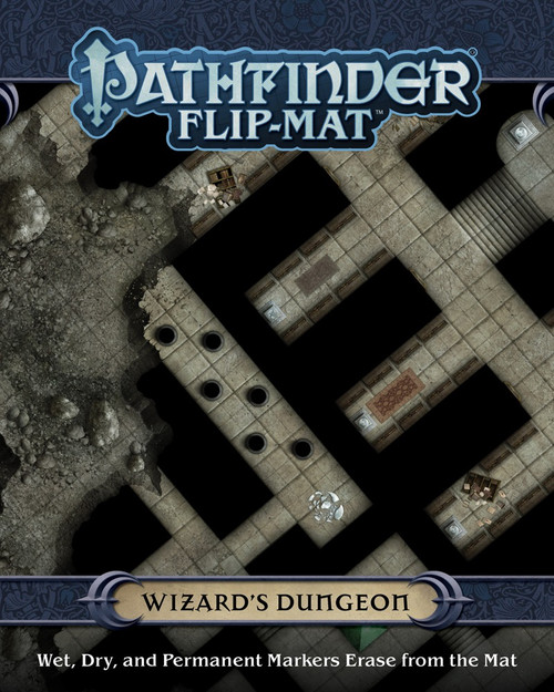 Pathfinder Flip-Mat: Wizard's Dungeon PDF cover depicts an abandoned dungeon with traps and magical dangers; Wet, Dry, and Permanent Markers Erase from the Mat