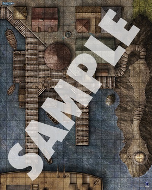 Pathfinder Flip-Mat: Docks PDF sample map of a bustling dry dock in a city with a large naval vessel and smaller boats docked at the port