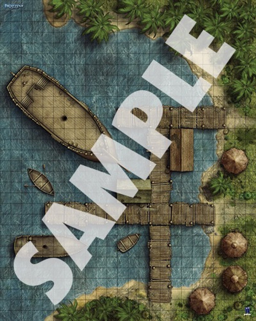 Pathfinder Flip-Mat: Docks PDF sample map of a ramshackle dock in a cove with ships and smaller boats docked at the port