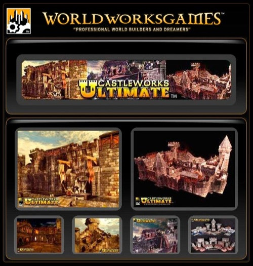 CastleWorks Ultimate medieval castle model set by WorldWorksGames, featuring various brown and tan castle pieces and structures on a black background with gold details, with size and color specifications for detailed model building and scale modeling enthusiasts.