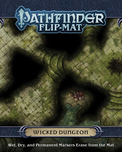 Pathfinder Flip-Mat: Wicked Dungeon cover depicts a dungeon with briar walls; Wet, Dry, and Permanent Markers Erase from the Mat