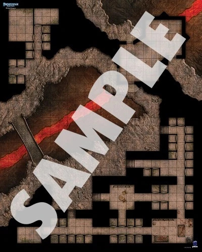 Pathfinder Flip-Mat: Wicked Dungeon sample map of a hellscape prison built on either side of a river of magma with the two sides connected by a bridge