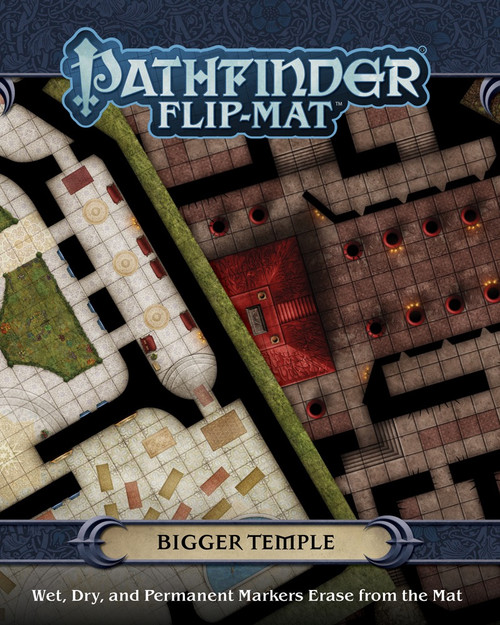 Pathfinder Flip-Mat: Bigger Temple PDF cover depicts a map of a gleaming holy temple juxtposed with a map of  a temple dedicated to evil; Wet, Dry, and Permanent Markers Erase from the Mat