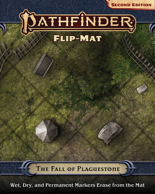 Pathfinder Flip-Mat: The Fall of Plaguestone PDF Second Edition cover depicts a small clearing with headstones; Wet, Dry, and Permanent Markers Erase from the Mat