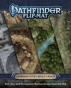Pathfinder Flip-Mat: Ambush Sites Multi-Pack PDF cover depicts four juxtaposed maps of places for ambush: in a city slum, a desert canyon, the forest, and the mountains; Wet, Dry, and Permanent Markers Erase from the Mat