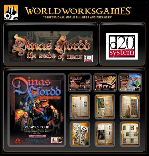 Dinas Ffordd 1: The Seeds of War D20 version PDF, a fantasy RPG digital product by Worldworksgames, featuring a game cover and preview pages with fantasy artwork on a black background.