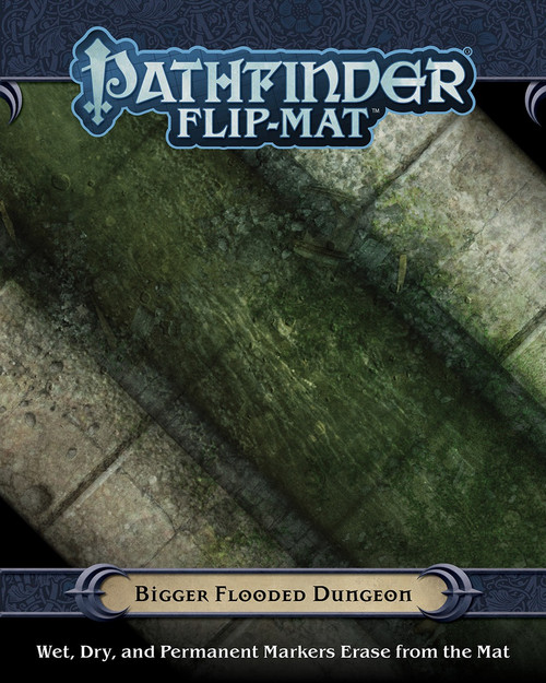 Pathfinder Flip-Mat: Bigger Flooded Dungeon PDF cover depicts a dirty canal; Wet, Dry, and Permanent Markers Erase from the Mat