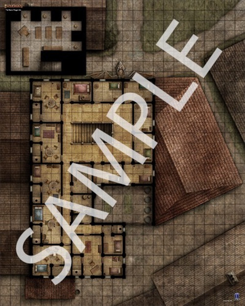 Pathfinder Flip-Mat: The Rusty Dragon Inn sample map of the Rusty Dragon Inn's upper floors and basement and rooftops of nearby buildings